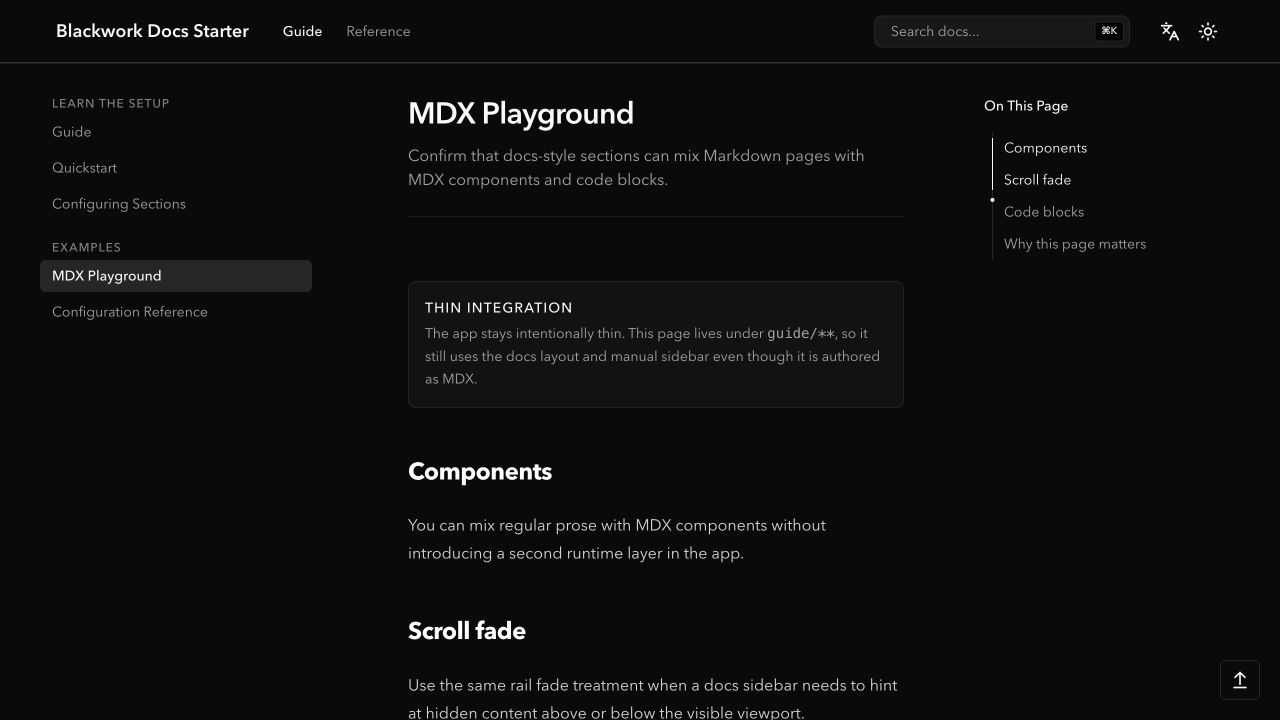 The MDX Playground in a project generated from the Blackwork Docs Starter preset.
