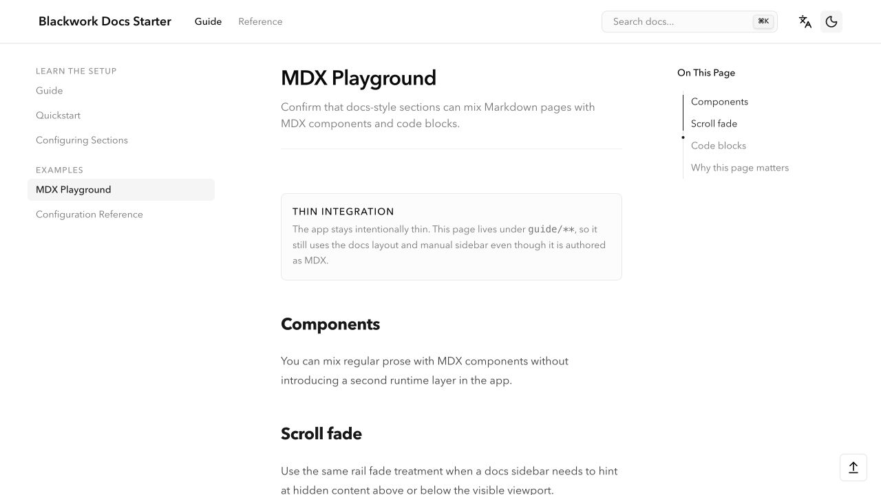The MDX Playground in a project generated from the Blackwork Docs Starter preset.